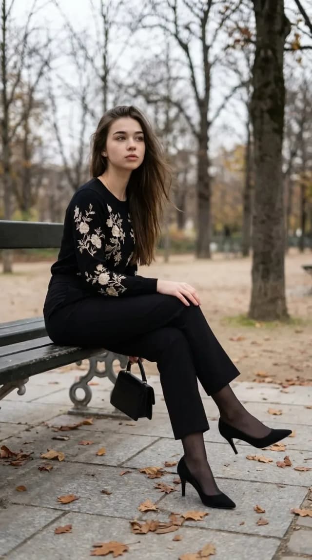 A woman seated in a city park during late autumn, showcasing elegance.