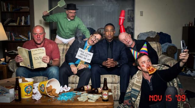 A messy living room after a party with Breaking Bad characters in humorous poses.