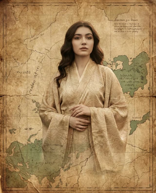 Surreal portrait of a young woman emerging from an ancient parchment map.