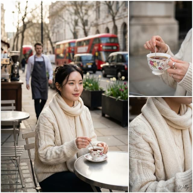 Photorealistic outdoor café in London with a woman stirring tea.