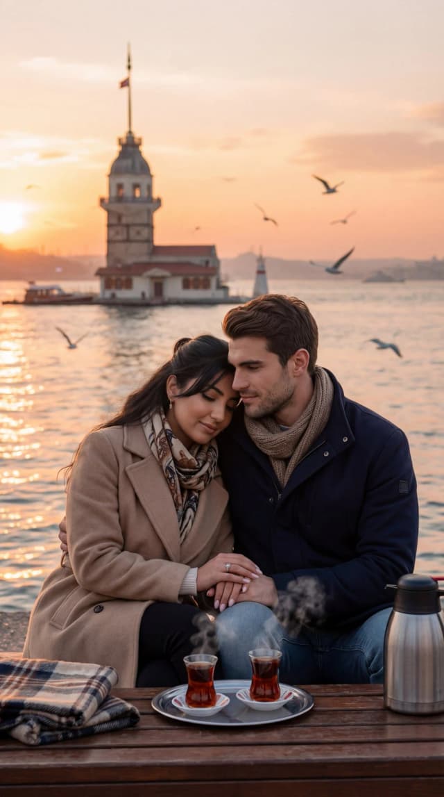 Photorealistic scene of a couple at Uskudar seaside with tea.