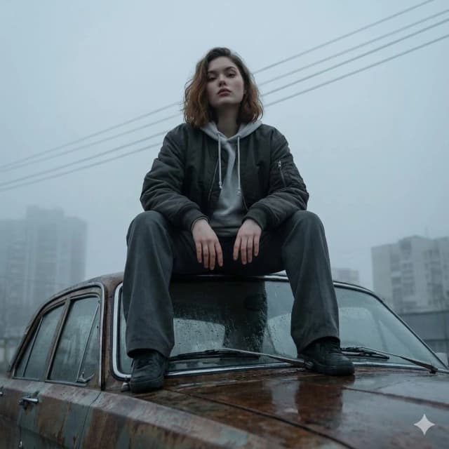 Cinematic portrait of a young woman sitting on a rusty car hood.