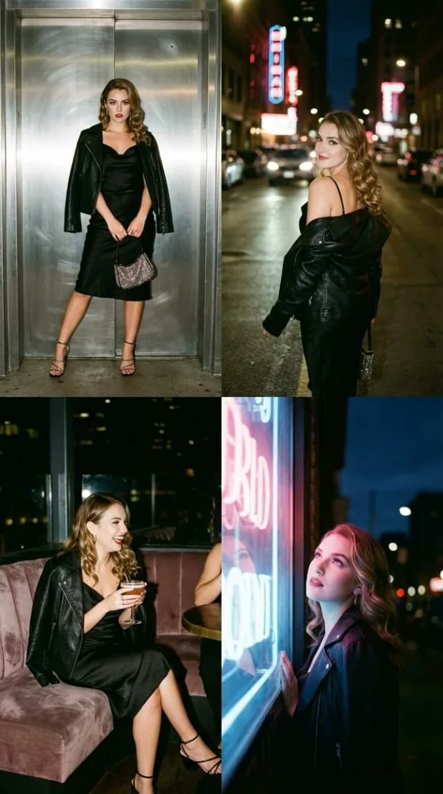 A glamorous young woman in a black satin slip dress posing in a city nightlife collage.