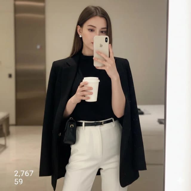 A young woman in stylish attire taking a mirror selfie with an iPhone.