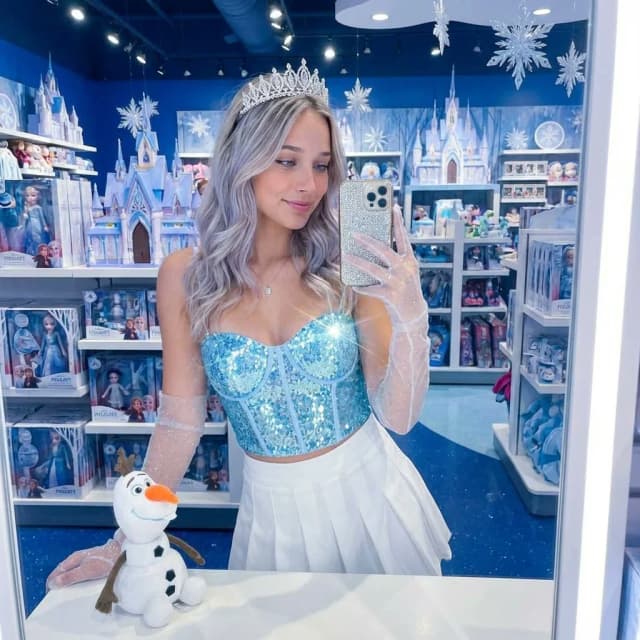 A stylish woman taking a mirror selfie in a Disney store with a Frozen theme.