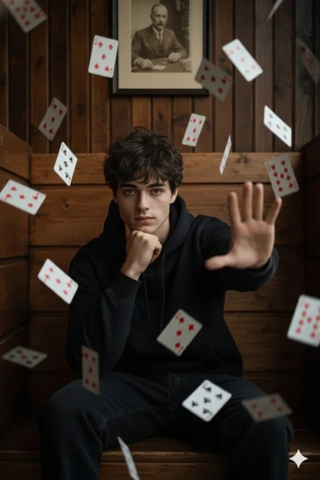 A young man in a black hoodie performing telekinesis with floating cards.